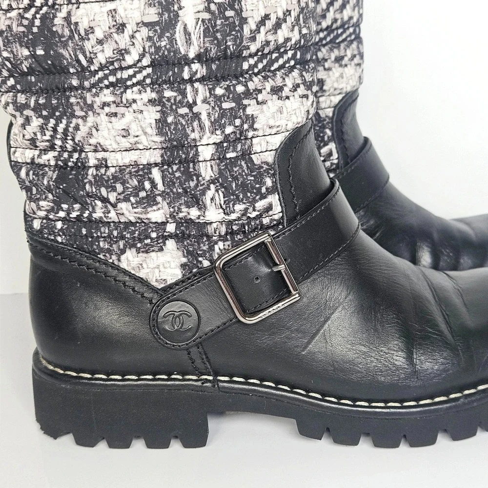 Chanel Calfskin Tweed Nylon Printed Boots 37.5 Black CC Logo Lug Sole